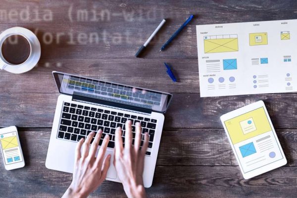 Webdesigner,Sketching,Responsive,Website,Wireframe,Mockup,With,Laptop,,Smartphone,And